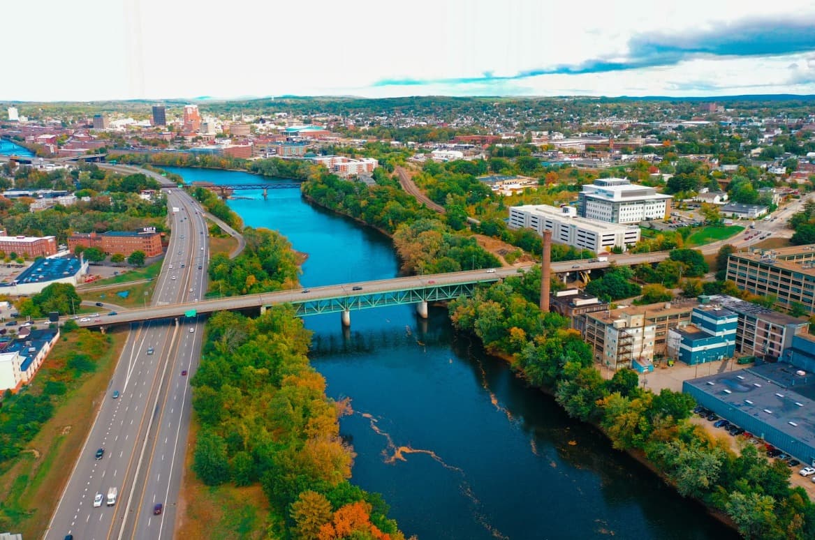 Aerial view of Manchester, New Hampshire and the Merrimack River